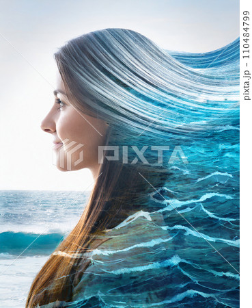 美しい女性と海の二重露光「AI生成画像」 110484799