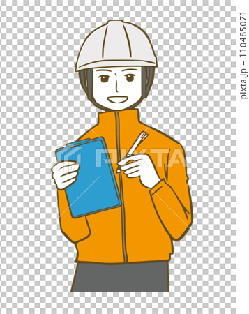 クリップボードにメモするジャージにヘルメットの男性 110485071