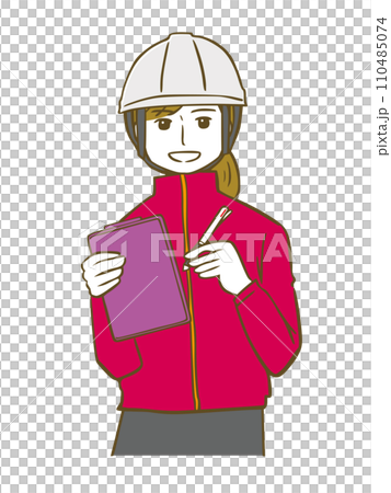 クリップボードにメモするジャージにヘルメットの女性 クリップボードにメモするジャージにヘルメットの女性 110485074