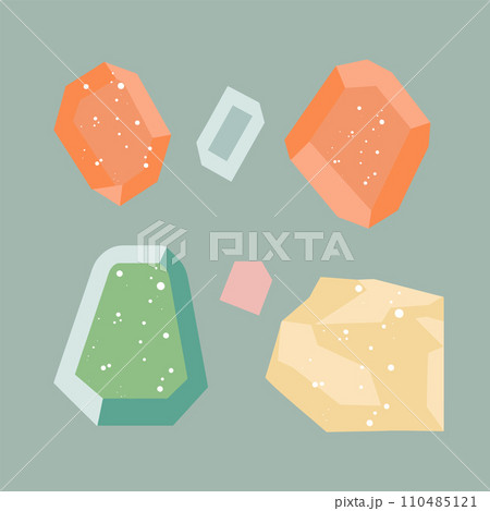 Collection of colorful gemstones in flat design. Various shapes and sizes, pastel tones, cartoon style minerals. Simplified jewels illustration for icons or educational material vector illustration. Collection of colorful gemstones in flat design. Various shapes and sizes, pastel tones, cartoon style minerals. Simplified jewels illustration for icons or educational material vector illustration. 110485121
