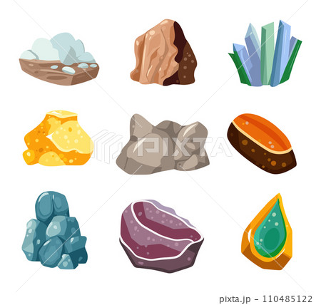 Collection of various mineral rocks and stones. Colorful gemstones, crystals, precious stones isolated on white background. Geology and mineralogy concept vector illustration. Collection of various mineral rocks and stones. Colorful gemstones, crystals, precious stones isolated on white background. Geology and mineralogy concept vector illustration. 110485122