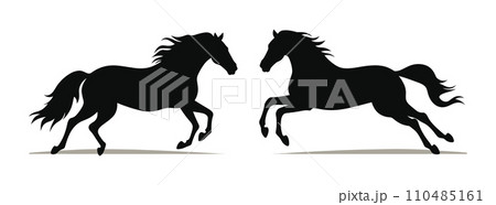 Two silhouette horses galloping side by side, black on white background. Equestrian elegance and dynamic motion vector illustration. 110485161