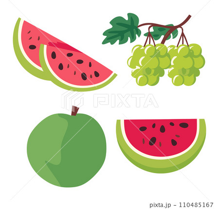 Colorful fruit collection with watermelon slices, green apple, and bunch of grapes. Fresh summer fruits illustration. Bright and healthy food choices vector illustration. Colorful fruit collection with watermelon slices, green apple, and bunch of grapes. Fresh summer fruits illustration. Bright and healthy food choices vector illustration. 110485167