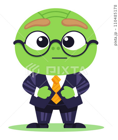 Green alien in a suit with glasses looking serious. Professional extraterrestrial businessman. Office space and leadership vector illustration. 110485178