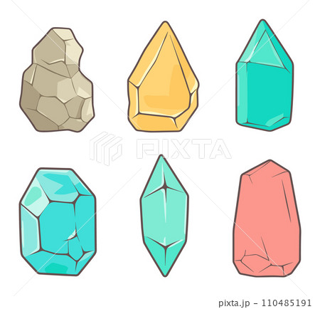 Set of six colorful gemstones in various shapes. Cartoon style mineral crystal collection. Geology and jewelry theme vector illustration. 110485191