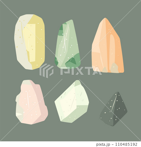 Set of different colored crystals, geometric mineral stones. Collection of gemstones isolated on a plain background vector illustration. 110485192