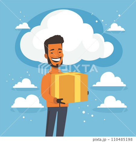 African American man smiling, holding a package with a cloudy sky background. Cheerful delivery guy with a beard presenting a parcel. Friendly courier service vector illustration. 110485198