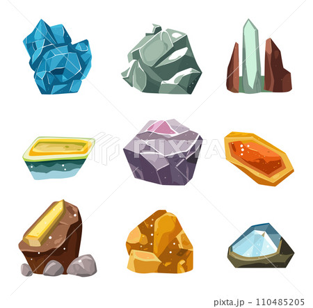 Collection of different cartoon gemstones and minerals. Colorful crystals, precious stones and mineral rocks vector illustration. 110485205