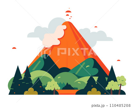 Stylized colorful volcano eruption with lush green forest. Nature disaster, volcanic activity in tropical landscape vector illustration. Stylized colorful volcano eruption with lush green forest. Nature disaster, volcanic activity in tropical landscape vector illustration. 110485208
