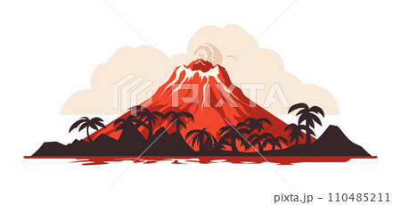 Erupting volcano with lava flow and palm trees. Natural disaster volcanic eruption with smoke clouds vector illustration. Erupting volcano with lava flow and palm trees. Natural disaster volcanic eruption with smoke clouds vector illustration. 110485211