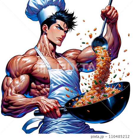 マッチョでイケメンなお兄さんがクールにチャーハンを作っている 110485212