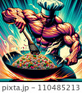 マッチョなおじさんが真剣にチャーハンを作っている 110485213