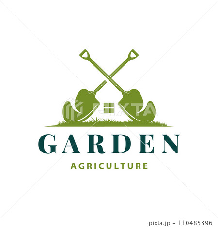Garden logo inspirational design for simple vintage style plantation equipment for a nature concept company brand 110485396