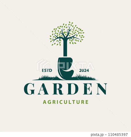 Garden logo inspirational design for simple vintage style plantation equipment for a nature concept company brand 110485397