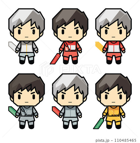 Six chibi style warriors with different armors and weapons. Cute anime fighter characters in various costumes. Warriors and role-playing game concept vector illustration. 110485465