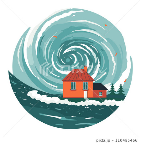 Orange house with red roof engulfed by swirling blue tornado at the sea. Natural disaster scene with whirlwind. Catastrophe and home protection concept vector illustration. 110485466