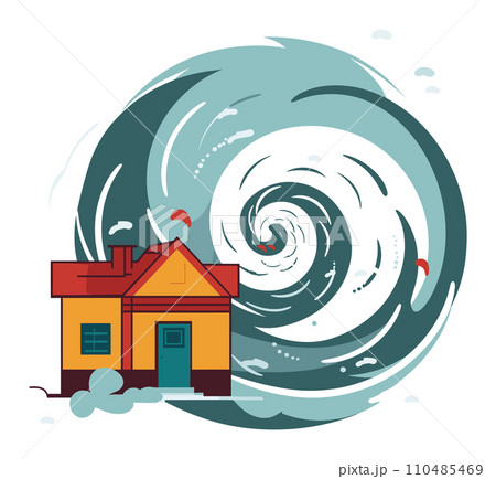 House caught in a giant tornado with swirling wind and debris, Extreme weather and natural disaster scene, Home insurance concept vector illustration 110485469