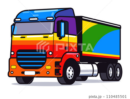 Colorful cartoon delivery truck on white background. Bright semi truck for logistics and transportation. Cargo transport vehicle vector illustration. 110485501