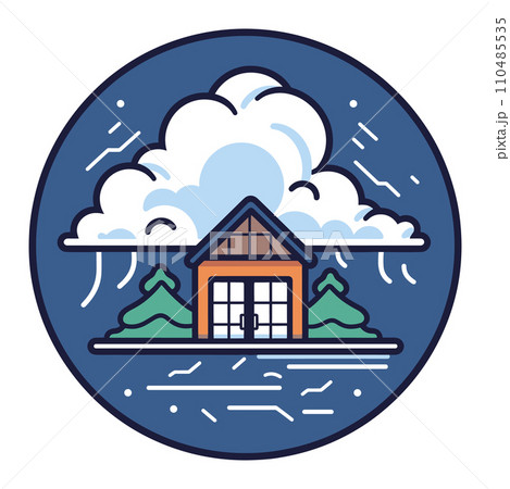 Cabin in rainstorm with trees and clouds. Weather disaster and secure home concept. Emergency preparedness vector illustration. 110485535