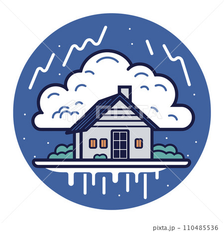 House floating in stormy weather with lightning and rain. Monochromatic blue and white safety concept. Disaster preparation and weather emergency vector illustration. 110485536