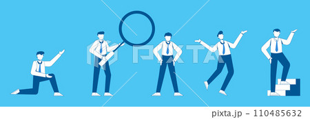 no face young man worker character bundle set presentation pose set with hand gesture. male business people standing. businessman with outline style isolated vector illustration. 110485632