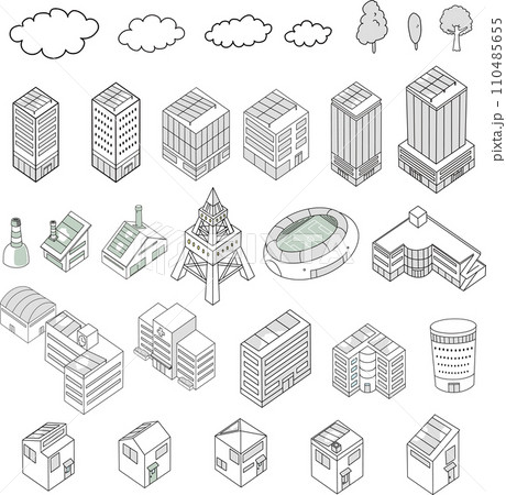 アイソメトリック・建物の立体イラストセット（モノクロ） 110485655