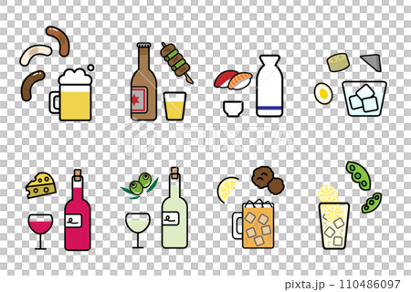色々なお酒とおつまみのイラストセット 110486097