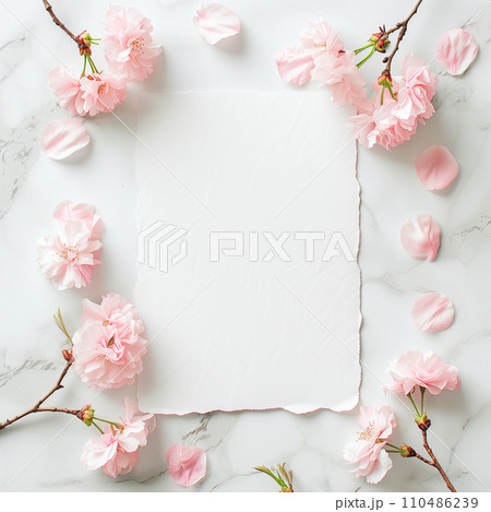 桜の花の背景に白いメッセージカード 110486239