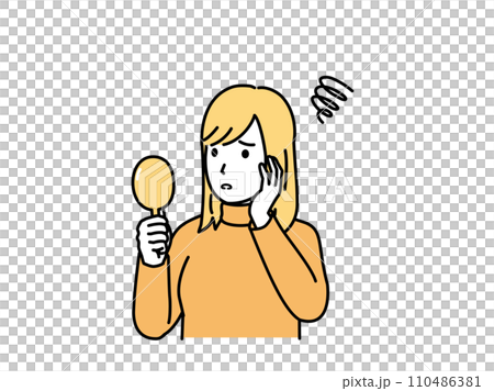 手鏡を見て困る表情をした若い女性のイラスト 手鏡を見て困る表情をした若い女性のイラスト 110486381