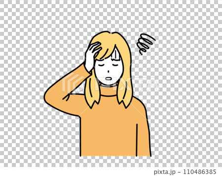 Symptoms of headache and anemia: Illustration of a young woman holding her head Symptoms of headache and anemia: Illustration of a young woman holding her head 110486385