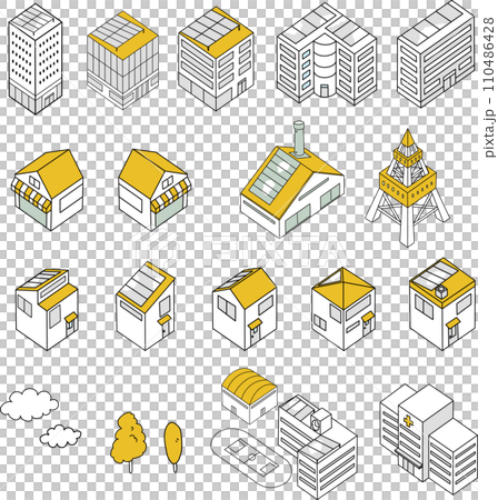 等距建築 3D 插圖集（黃色） 110486428