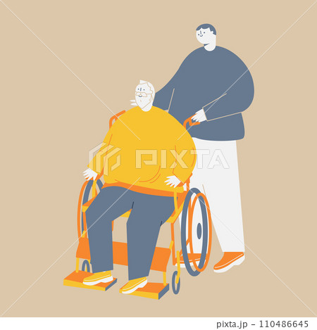車椅子に乗っている高齢の男性と介護スタッフ 110486645