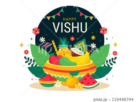 Happy Vishu Festival Vector Illustration with Krishna,Traditional Kerala Kani, Fruits and Vegetables in National Holiday Flat Cartoon Background Happy Vishu Festival Vector Illustration with Krishna,Traditional Kerala Kani, Fruits and Vegetables in National Holiday Flat Cartoon Background 110486744