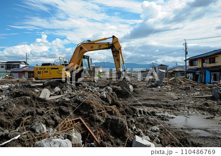 被災地で作業するショベルカー AI生成画像 AI画像 被災地で作業するショベルカー AI生成画像 AI画像 110486769