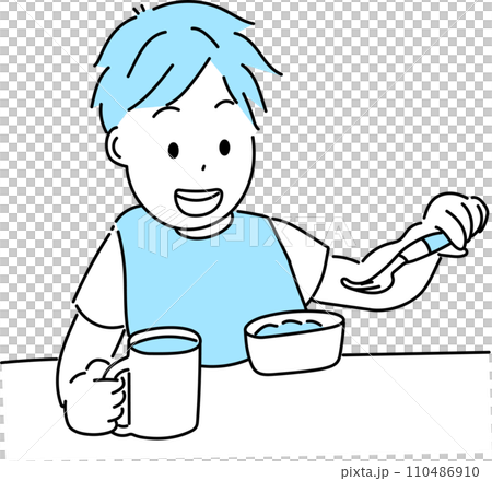 Illustration of a boy eating baby food Illustration of a boy eating baby food 110486910