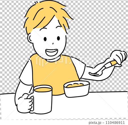 Illustration of a boy eating baby food Illustration of a boy eating baby food 110486911