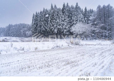 雪が降る山あいの風景　福島県磐梯町 110486944