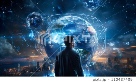 近未来の都市に浮かぶ太陽系の立体映像を眺める男性「AI生成画像」 110487409