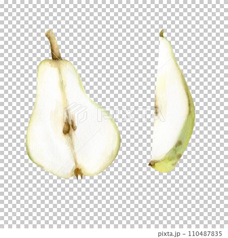 Watercolor hand drawn green pear.Half pear with stones and pear slice clip art for label, logo, product design. Fresh food illustration clip art 110487835