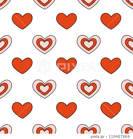 Seamless pattern with red and pink heart. Valentine day background. Y2k. Groovy style. Vector flat illustration. 110487869