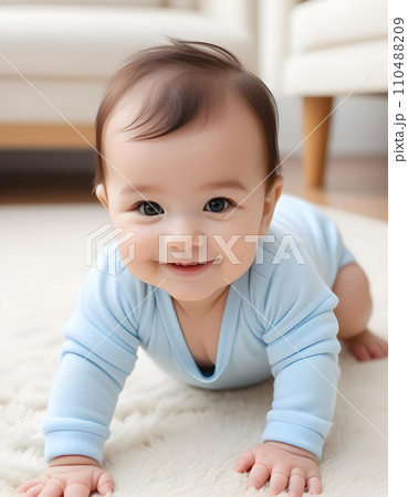 部屋内でハイハイするかわいい笑顔の赤ちゃん　AI生成 110488209