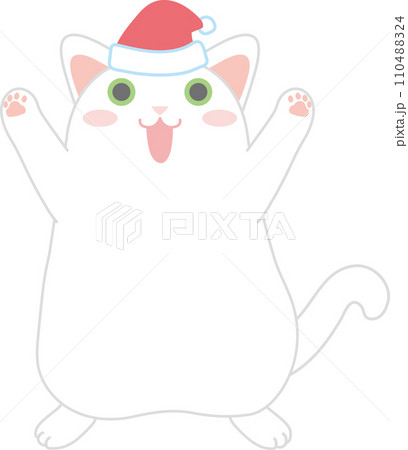 踊るニャンコ_クリスマスサンタ帽_両手を上げてバンザイ 踊るニャンコ_クリスマスサンタ帽_両手を上げてバンザイ 110488324