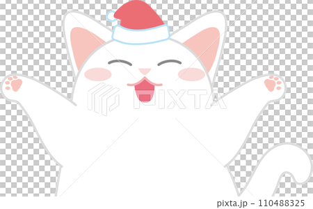 Dancing cat_Christmas Santa hat_Smiling cat with both hands raised_Upper body 110488325