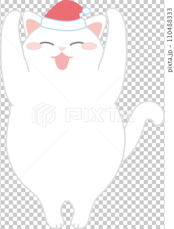 Dancing cat_Christmas Santa hat_Cat raising both hands and smiling 110488333