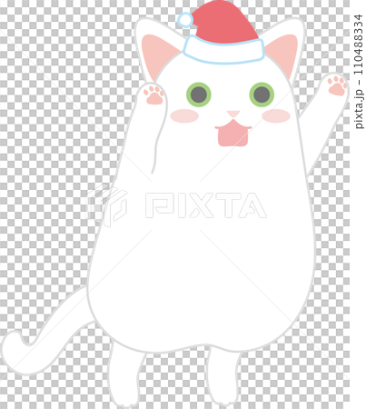 Dancing cat_Christmas Santa hat_Cat jumping with both hands up 110488334