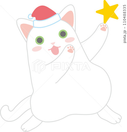 踊るニャンコ_クリスマスサンタ帽_星を左手に乗せてダンス 110488335