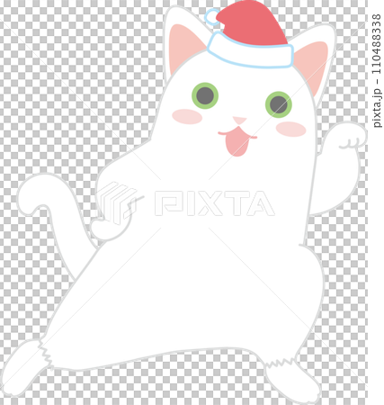 Dancing cat_Christmas Santa hat_beckoning cat dance with left hand raised 110488338