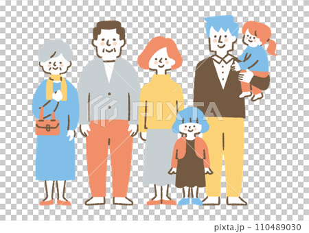 A family of six close friends standing in a row_color A family of six close friends standing in a row_color 110489030