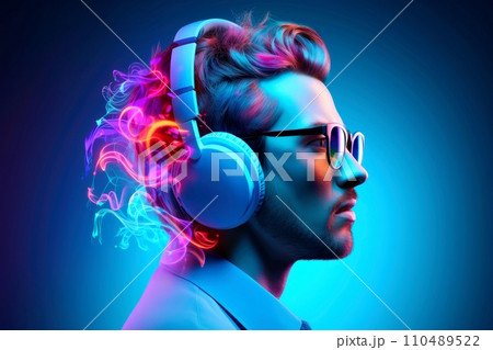 3d minimal scene, mockup abstract human character, enjoy music concept, Generative AI 110489522