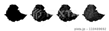 Set of isolated Ethiopia maps with regions. Isolated borders, departments, municipalities. 110489692
